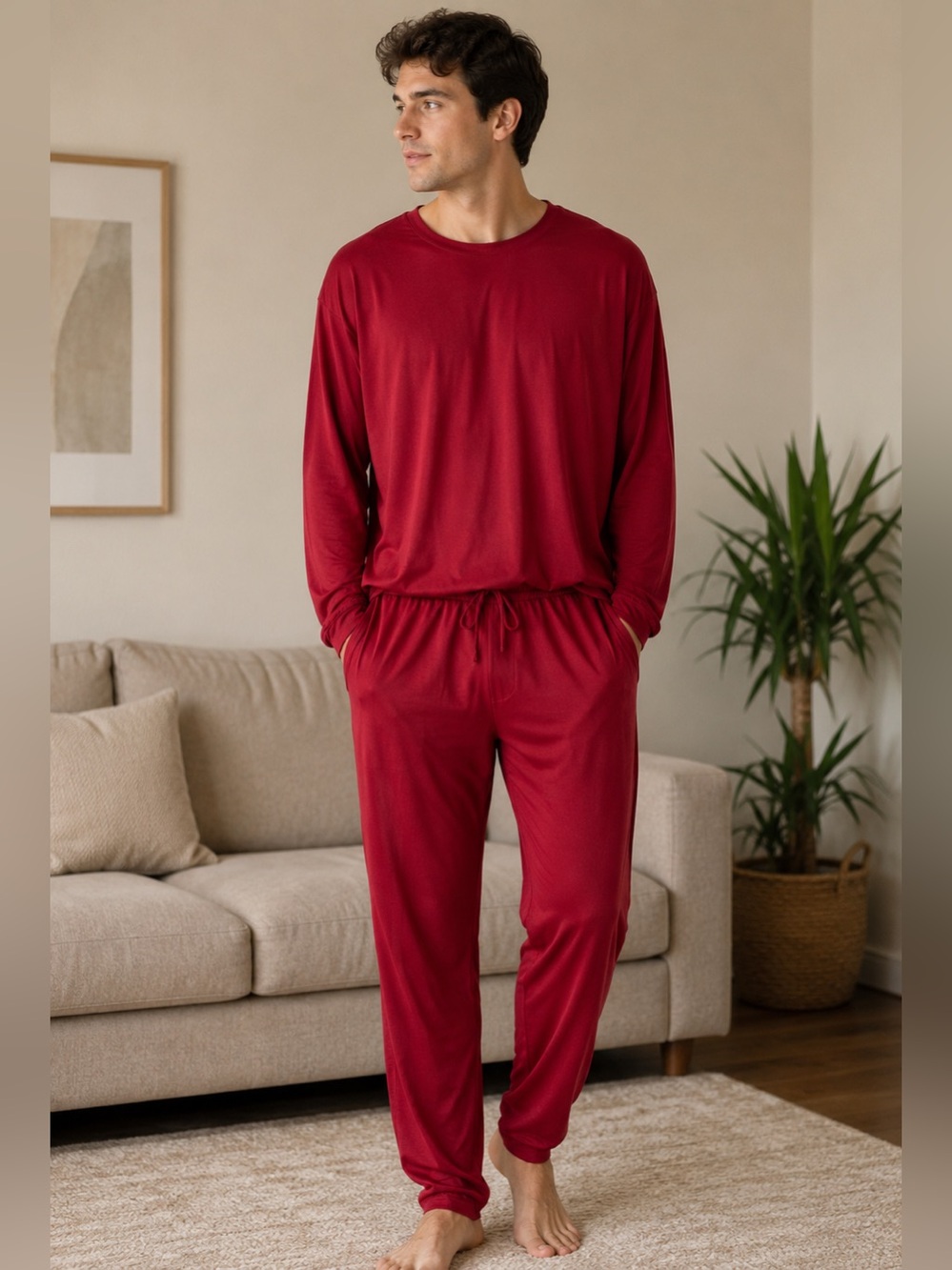 Men’s Burgundy Lounge Pajama Set Soft Stretch Long Sleeve Relaxed Fit XL NWOT